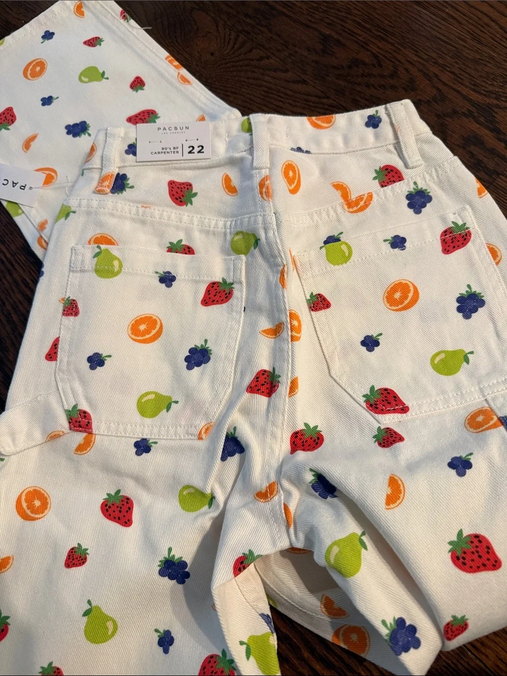 Kids White Fruit-Print  denim Bottoms with Multicolor Fruit